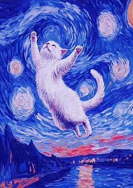 White Cat in Starry Night Painting