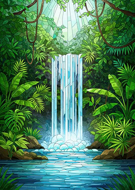 Tropical Waterfall in Lush Jungle Setting