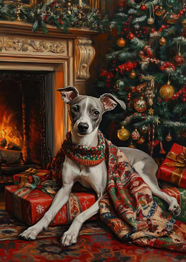 Dog Christmas Portrait by Fireplace | Greyhound in Sweater