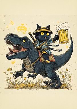 Samurai Cat Riding Dinosaur with Beer