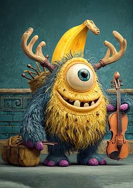 Whimsical Monster Musician with Banana Hat