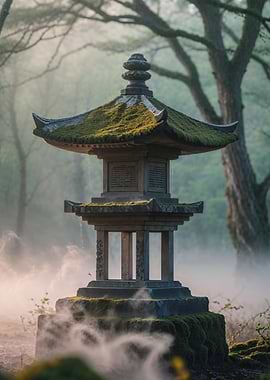 Moss-covered Japanese Stone Lantern in Fog
