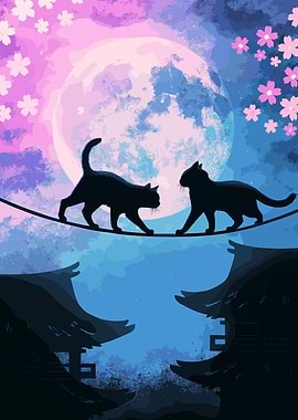 Cats on a Tightrope under Moonlight