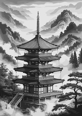 Black and White Japanese Pagoda