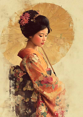 Geisha with Umbrella Painting