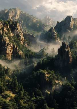 Misty Mountain Landscape with Green Trees