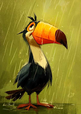 Cartoon Toucan in the Rain