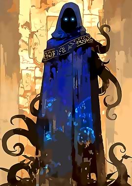 Mysterious hooded figure with glowing eyes