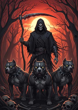 Grim Reaper with Pitbulls in Dark Forest