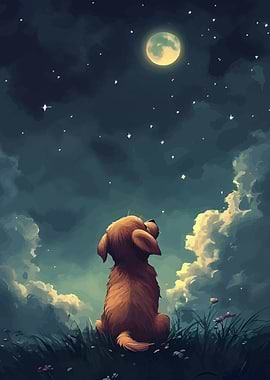 Dog Gazing at Moon and Stars