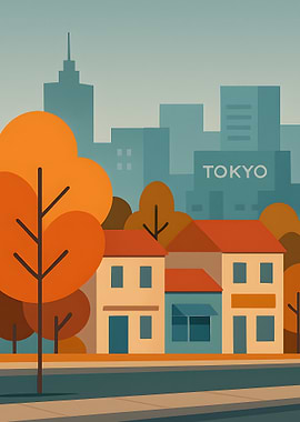 Tokyo Cityscape Illustration with Autumn Trees