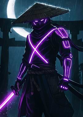 Neon Samurai Warrior in the Rain