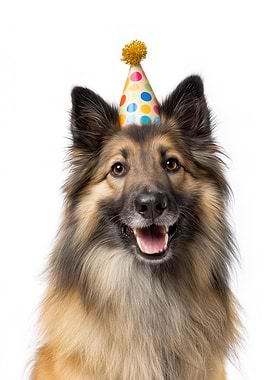 Belgian Tervuren Dog with Birthday Hat Portrait