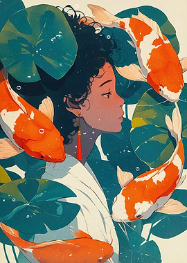 Woman with Koi Fish Lily Pads