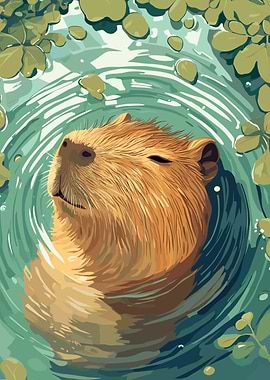 Capybara in Water with Leaves