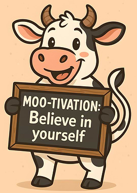 Cartoon Cow with Motivational Sign