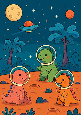 Cartoon Dinosaurs in Space Suits