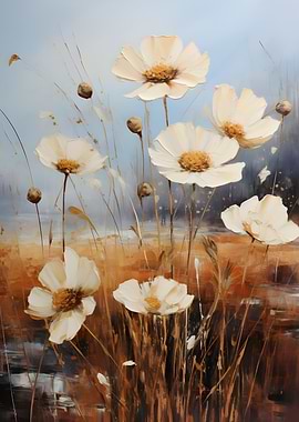 Floral Painting: White Flowers in Field