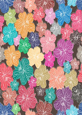 Colorful Hibiscus Flower Pattern on Brown