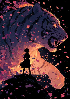 Girl and Tiger with Falling Petals