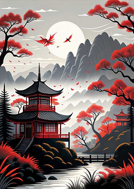 Japanese Pagoda Landscape with Red Foliage Nature