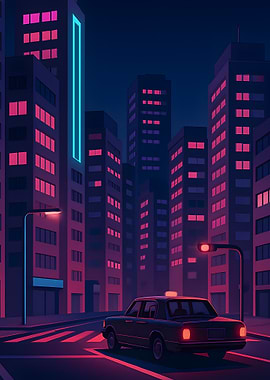 Night Cityscape with Taxi