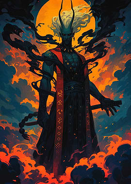 Horned Demon Warrior in Fiery Landscape