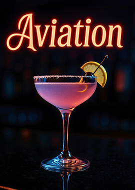 Neon-Lit Aviation Cocktail in Sugar-Rimmed Coupe with Cherry & Lemon Garnish