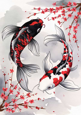 Koi Fish and Cherry Blossoms