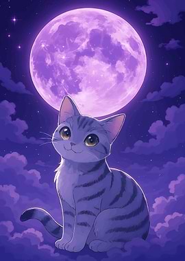 Cute Cat Under Purple Moon