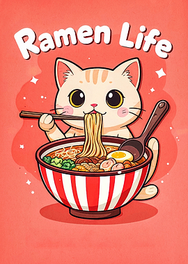 Cute Cat Eating Ramen Illustration