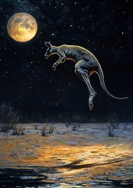 Kangaroo Leaping Under Moonlight