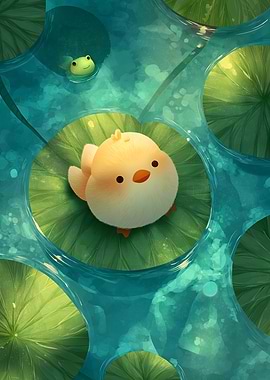 Cute Chick and Frog on Lilypads