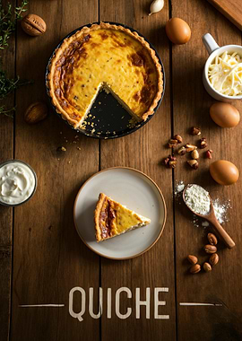 Overhead shot of quiche and ingredients