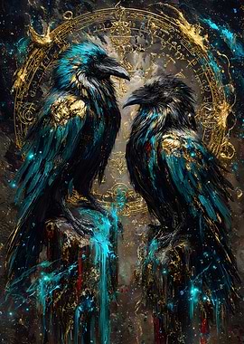 Two Ravens with Golden Astrological Circle