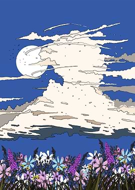 Floral Field Under Cloudy Sky