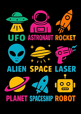Colorful Space Icons on Black Background