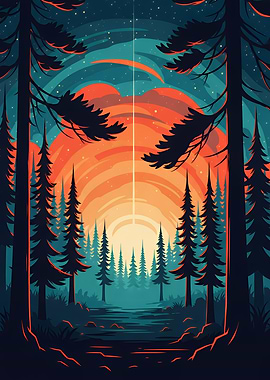 Forest Landscape with Sunset and Stars