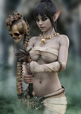Elf necromancer with Skull Staff and poison mist.