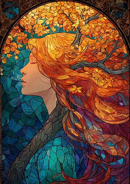 Autumn Woman Stained Glass Art
