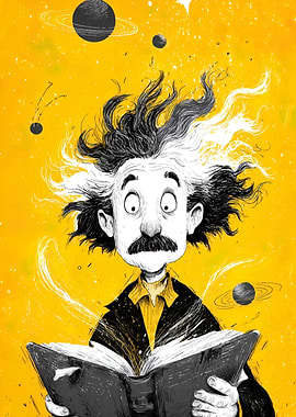 Cartoon Einstein Reading Book in Space