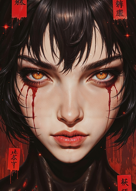 The Enigmatic Gaze of Crimson Tears: A Dark Fantasy Portrait