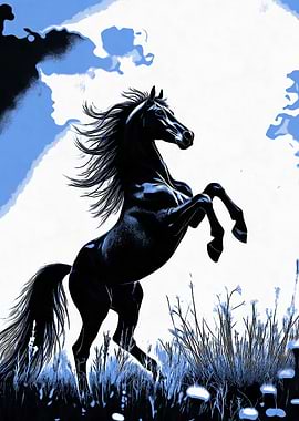 Black Horse Rearing in Blue Landscape