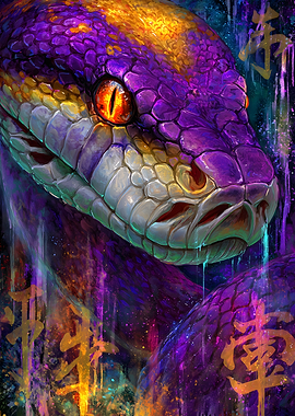 Colorful Snake Portrait with Asian Symbols