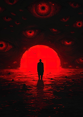 Red Eyes, Silhouette, and Eerie Landscape