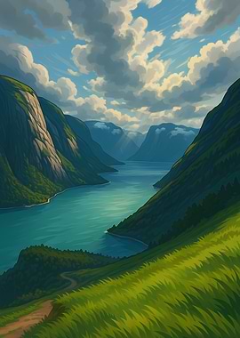 Fjord Landscape with Green Hills