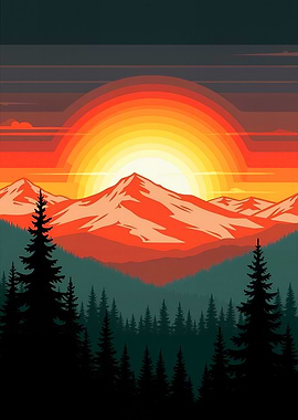 Mountain Sunset Forest Landscape Illustration