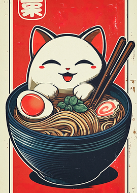 Cat in Ramen Bowl Illustration