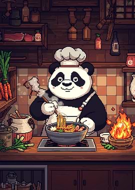Pixel Art Panda Chef Cooking Noodles