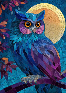 Mosaic Owl on Branch with Moon